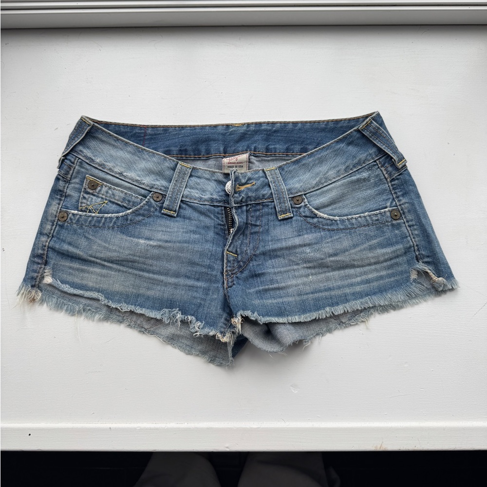 True Religion Blue Jean Cut-Off Shorts with Frayed Hem